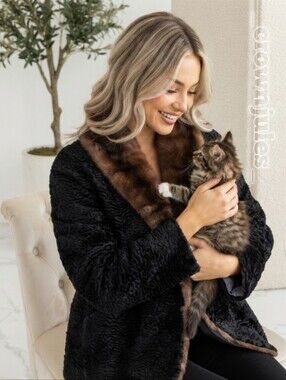 Vintage Faux Fur Coat 1950s persian lamb mink black 50s jacket luxury women usa
